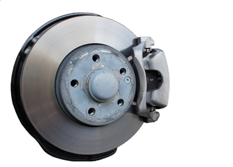 A brake pad wear indicator tab close to the disc surface