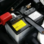 Car battery terminals under the bonnet of a vehicle engine bay