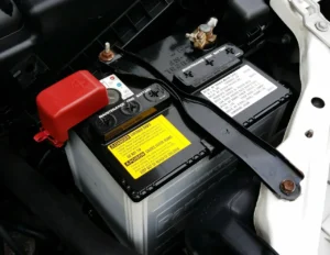 Car battery terminals under the bonnet of a vehicle engine bay