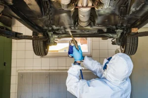 Mechanic inspecting the underbody structure of a car for corrosion during an MOT check