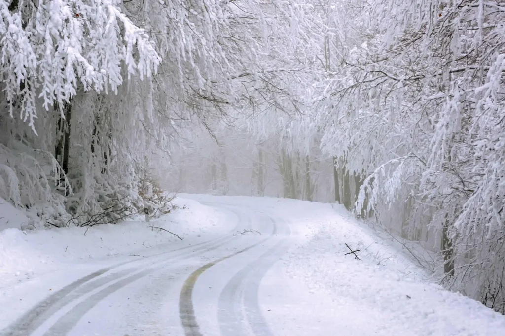 Frost covered moorland road above Ilkley in winter conditions