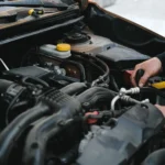 Mobile mechanic checking under the bonnet of a car on a driveway