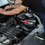 Mobile mechanic technician working on a car outside a customer's home
