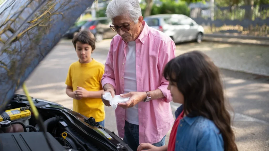 Elderly man shows grandchildren how to care for a car engine outdoors — SSK Mechanics guide to Audi A4 Oil Level and Warning Messages: Safe Checks