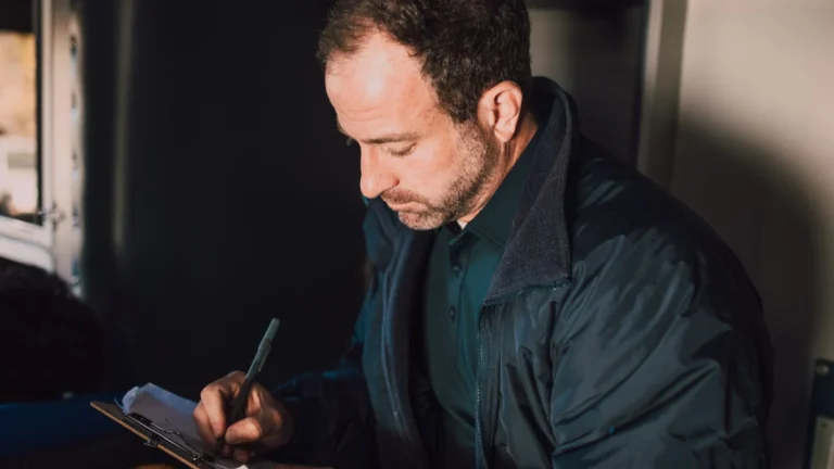 Adult male writing notes on a clipboard inside. Concentrated and thoughtful atmosphere — SSK Mechanics guide to Audi A3 Service and MOT Checklist by Powertrain