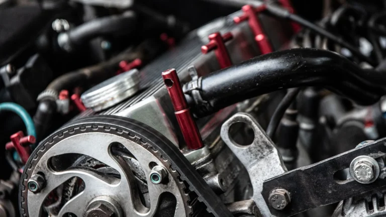 Closeup of black thick hosepipes and timing belt on metallic detail of car engine in daylight — SSK Mechanics guide to Ford Focus Timing Belt or Chain? Identify the Engine First