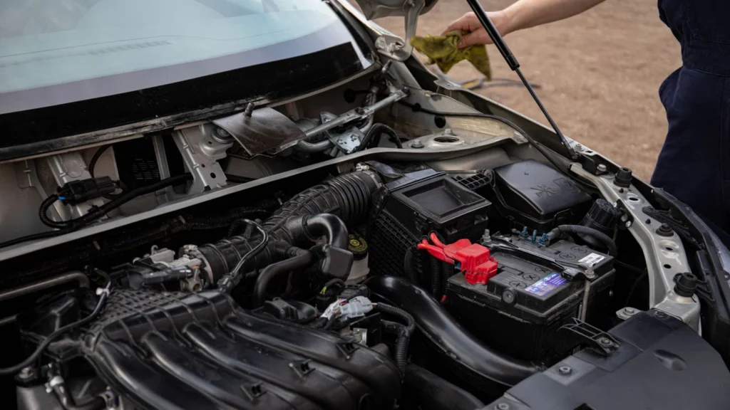 Mechanic inspecting car engine bay and battery during routine maintenance — SSK Mechanics guide to Ford Fiesta Battery Check and Car-Not-Starting Guide