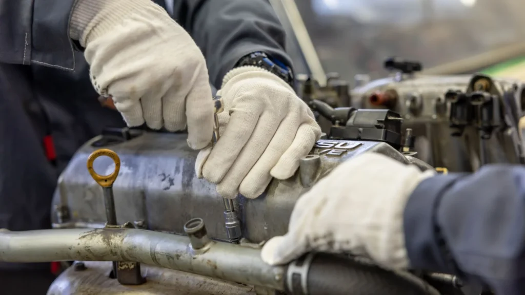 Close-up of mechanics hands repairing engine, showcasing teamwork and skill — SSK Mechanics guide to Ford Fiesta Oil Change or Full Service