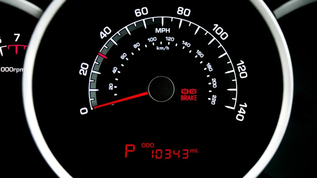 Close-up view of a car speedometer showing speed in MPH and odometer reading 10343 miles — SSK Mechanics guide to VW Polo Warning-Light and Diagnostics Guide