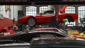 A vibrant red sports car is elevated on a lift inside an auto repair garage, surrounded by… — SSK Mechanics guide to Vauxhall Astra Brake Pads, Discs and Calipers Guide