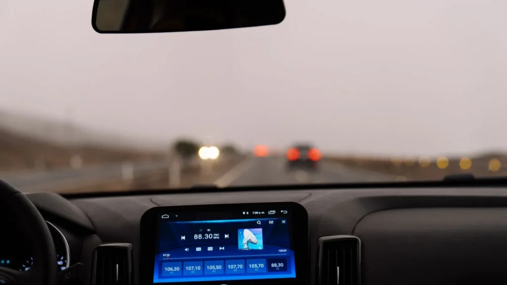 Interior view of a car dashboard on an open road during the day. Perfect for travel-themed projects — SSK Mechanics guide to Toyota Yaris Warning-Light and Diagnostics Guide