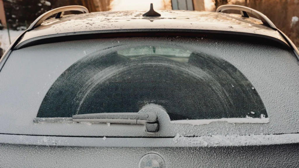 Close-up of a frosted car rear window showing unique patterns created by snowfall and a wiper — SSK Mechanics guide to Fiat 500 Wipers, Bulbs and Fuse Changes