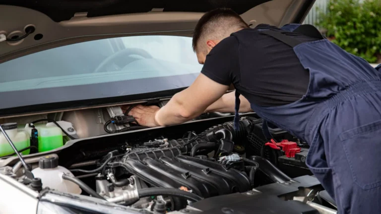 Auto mechanic performs engine maintenance on a car. Focus on hands and engine components — SSK Mechanics guide to Mercedes A-Class Battery Check and Car-Not-Starting Guide