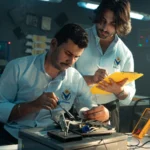 Focused technicians collaborate in an electronics lab, emphasizing teamwork and innovation — SSK Mechanics guide to VW Tiguan Starter Motor or Alternator