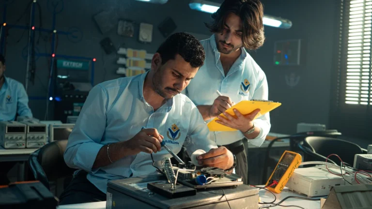 Focused technicians collaborate in an electronics lab, emphasizing teamwork and innovation — SSK Mechanics guide to VW Tiguan Starter Motor or Alternator