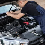 Mechanic working on a car engine with hood open, showcasing automotive repair skills — SSK Mechanics guide to Peugeot 208 Battery Check and Car-Not-Starting Guide