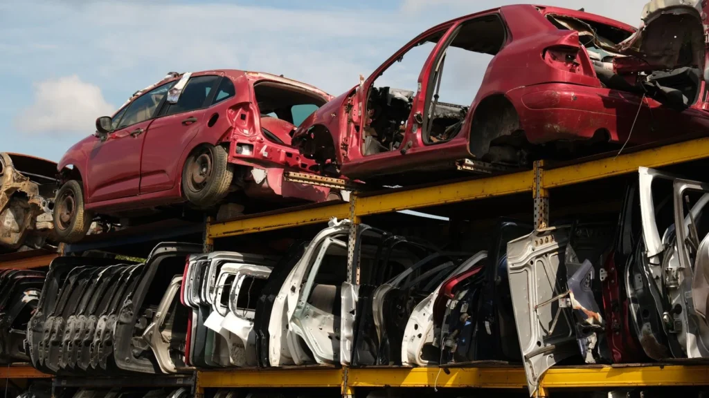 End-of-life vehicle shells stored at a car recycling yard