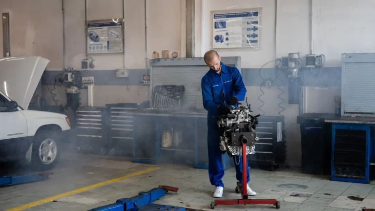 A mechanic repairing a car engine in a busy auto repair shop with tools around — SSK Mechanics guide to Burning Smell From the Engine Bay: What Should I Check