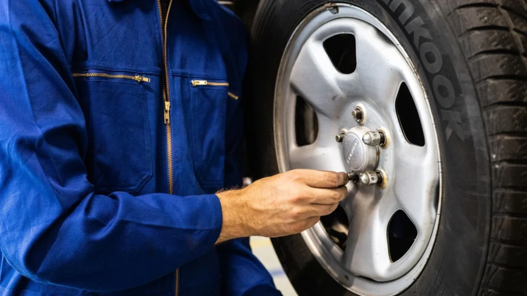 Mechanic in blue coveralls inspecting a car tire in an auto repair workshop — SSK Mechanics guide to ABS Sensor Replacement Cost: A Cheap Part, a Bigger Diagnosis…