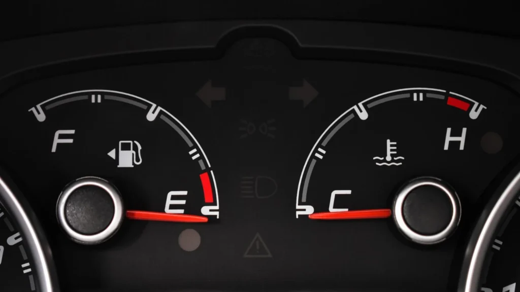 Detailed view of a car's fuel and temperature gauges on dashboard — SSK Mechanics guide to Tyre Pressure Warning Light (TPMS): What It Means and What to Do