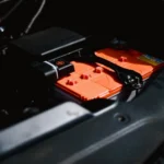 Close-up of a 12-volt battery inside a vehicle compartment — SSK Mechanics guide to repeated 12V battery discharge in electric cars
