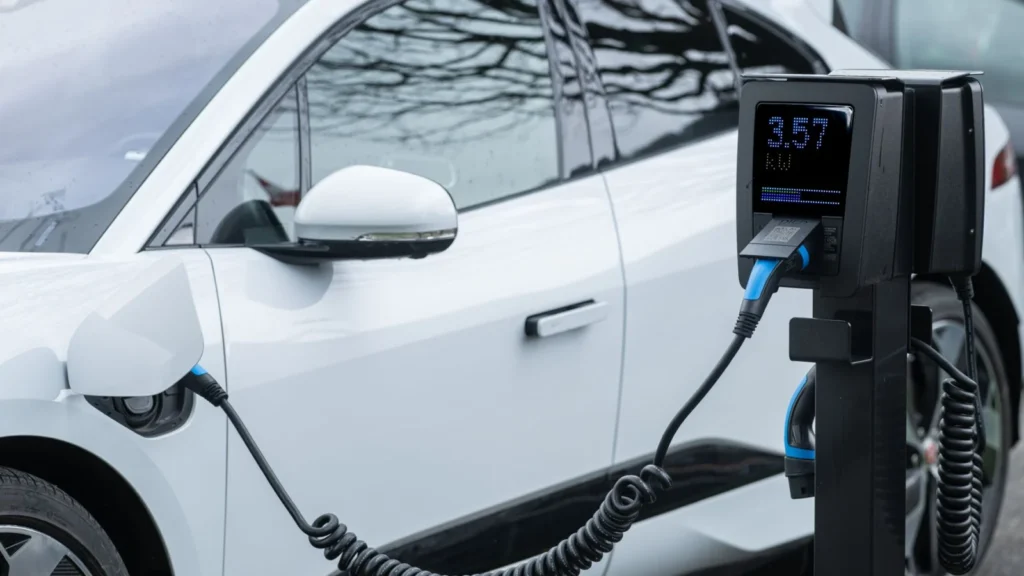 Close-up of an electric vehicle charging at a station, showcasing energy-efficient technology — SSK Mechanics guide to The Real Cost of Running an Electric Car vs Petrol