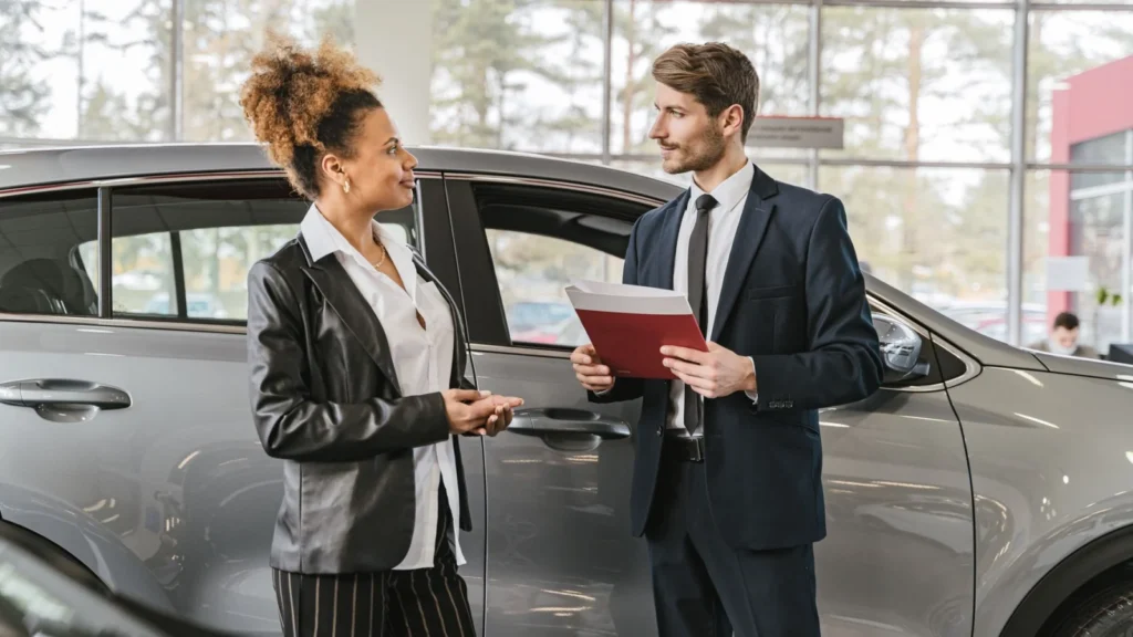 A woman discussing car purchase with a dealer inside a car dealership showroom — SSK Mechanics guide to Should You Buy an Older Car or a Newer One on Finance