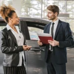 A woman discussing car purchase with a dealer inside a car dealership showroom — SSK Mechanics guide to Should You Buy an Older Car or a Newer One on Finance
