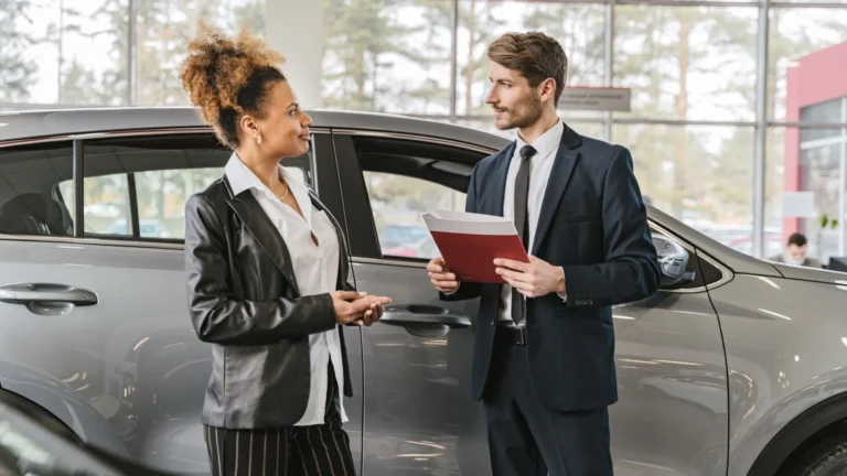 A woman discussing car purchase with a dealer inside a car dealership showroom — SSK Mechanics guide to Should You Buy an Older Car or a Newer One on Finance