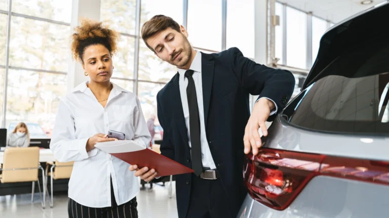 Businessman and customer discussing car purchase inside modern showroom — SSK Mechanics guide to Understanding a Car's Service History and Why It Matters