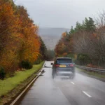 Car driving down a wet road surrounded by colorful autumn trees under a cloudy sky — SSK Mechanics guide to Driving in Bradford & West Yorkshire: What Local Roads Do to…