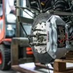 Detailed view of an automotive brake caliper and disc in an industrial workshop setting — SSK Mechanics guide to Why Bradford's Hills Take a Toll on Your Clutch and Brakes