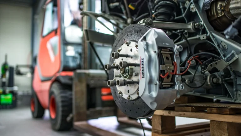 Detailed view of an automotive brake caliper and disc in an industrial workshop setting — SSK Mechanics guide to Why Bradford's Hills Take a Toll on Your Clutch and Brakes