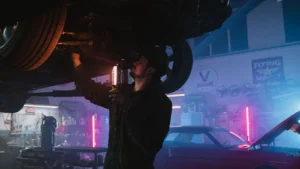 A mechanic inspects a car's undercarriage in a vibrant, neon-lit garage setting, highlighting… — SSK Mechanics guide to Rural Roads, Rough Surfaces: Steering Wear Around Thornton…