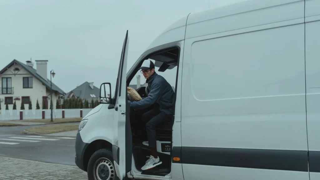 Courier delivering a package from a van in suburban neighborhood, showcasing logistics and… — SSK Mechanics guide to Fleet & Van Maintenance for Small Businesses: A Practical Guide