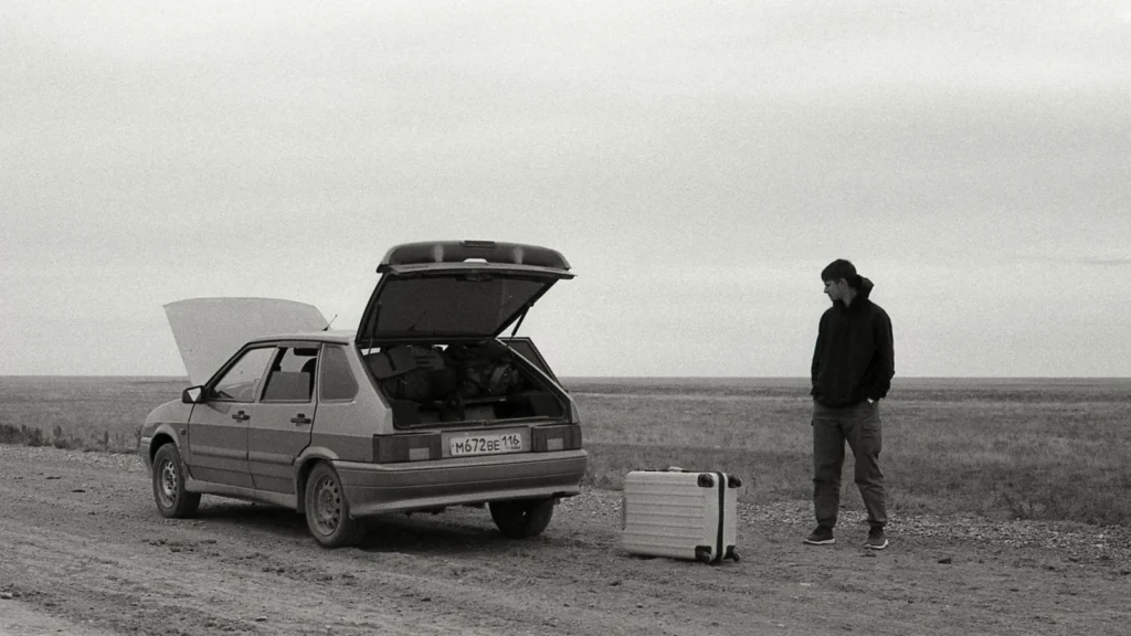 A man stands by a broken down car on a dirt road with luggage in a desolate, rural setting — SSK Mechanics guide to Essential Tools Every UK Driver Should Keep in Their Car