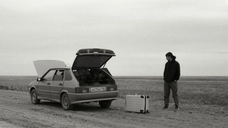 A man stands by a broken down car on a dirt road with luggage in a desolate, rural setting — SSK Mechanics guide to Essential Tools Every UK Driver Should Keep in Their Car