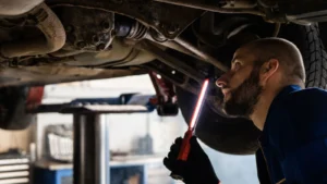 Mechanic using light to inspect vehicle undercarriage in workshop for maintenance — SSK Mechanics guide to Can You Bleed Your Own Brakes? What Competent DIYers Should Know