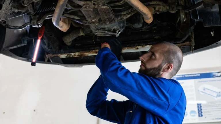 Mechanic in blue coveralls works under a car, focusing on repairs in a garage setting — SSK Mechanics guide to Humming Noise That Gets Louder With Speed? Likely a Wheel Bearing
