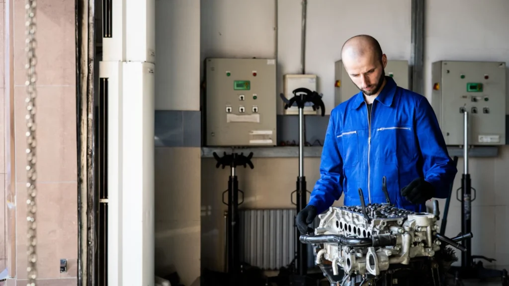 A mechanic in blue coveralls inspects an engine in a repair shop — SSK Mechanics guide to Whistling Noise From the Engine: What It Could Mean