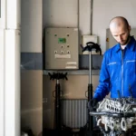 A mechanic in blue coveralls inspects an engine in a repair shop — SSK Mechanics guide to Whistling Noise From the Engine: What It Could Mean