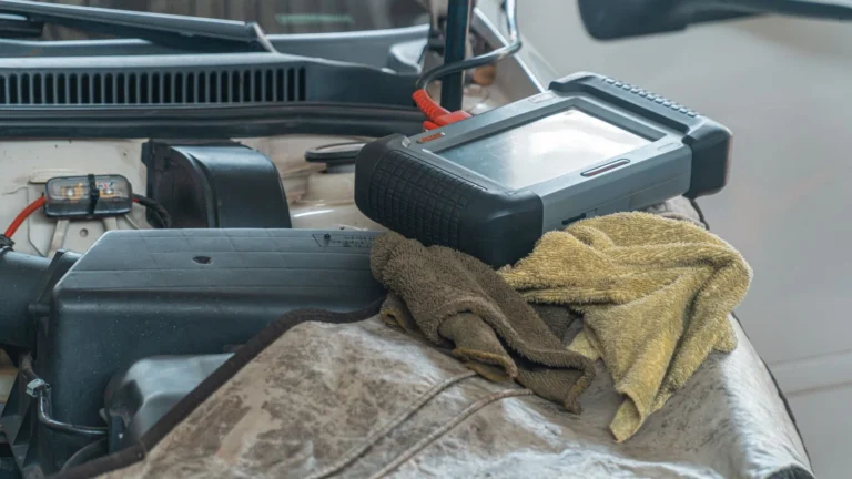 Close-up of car diagnostics tool on engine in a garage setting — SSK Mechanics guide to Halfords Mobile Expert vs a Local Mobile Mechanic: What's the…