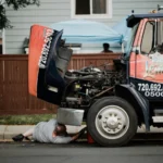 A mechanic works under a truck on a neighborhood street, highlighting vehicle maintenance — SSK Mechanics guide to Kwik Fit Bradford vs a Local Mobile Mechanic: Which Should…