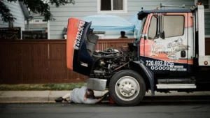 A mechanic works under a truck on a neighborhood street, highlighting vehicle maintenance — SSK Mechanics guide to Kwik Fit Bradford vs a Local Mobile Mechanic: Which Should…