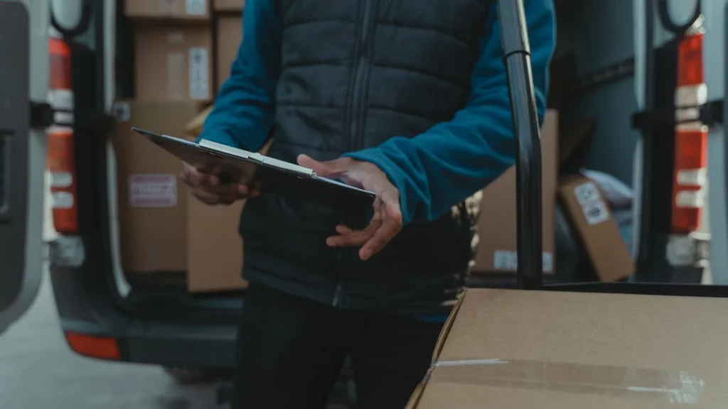 Courier uses clipboard to manage parcel delivery from van load — SSK Mechanics guide to National Fleet Contracts vs a Local Mobile Mechanic: What…