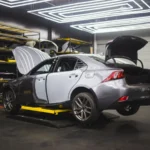 Gray car undergoing repairs in a sleek, modern auto repair shop environment — SSK Mechanics guide to AA/RAC Repair Cost vs a Local Mobile Mechanic: What…